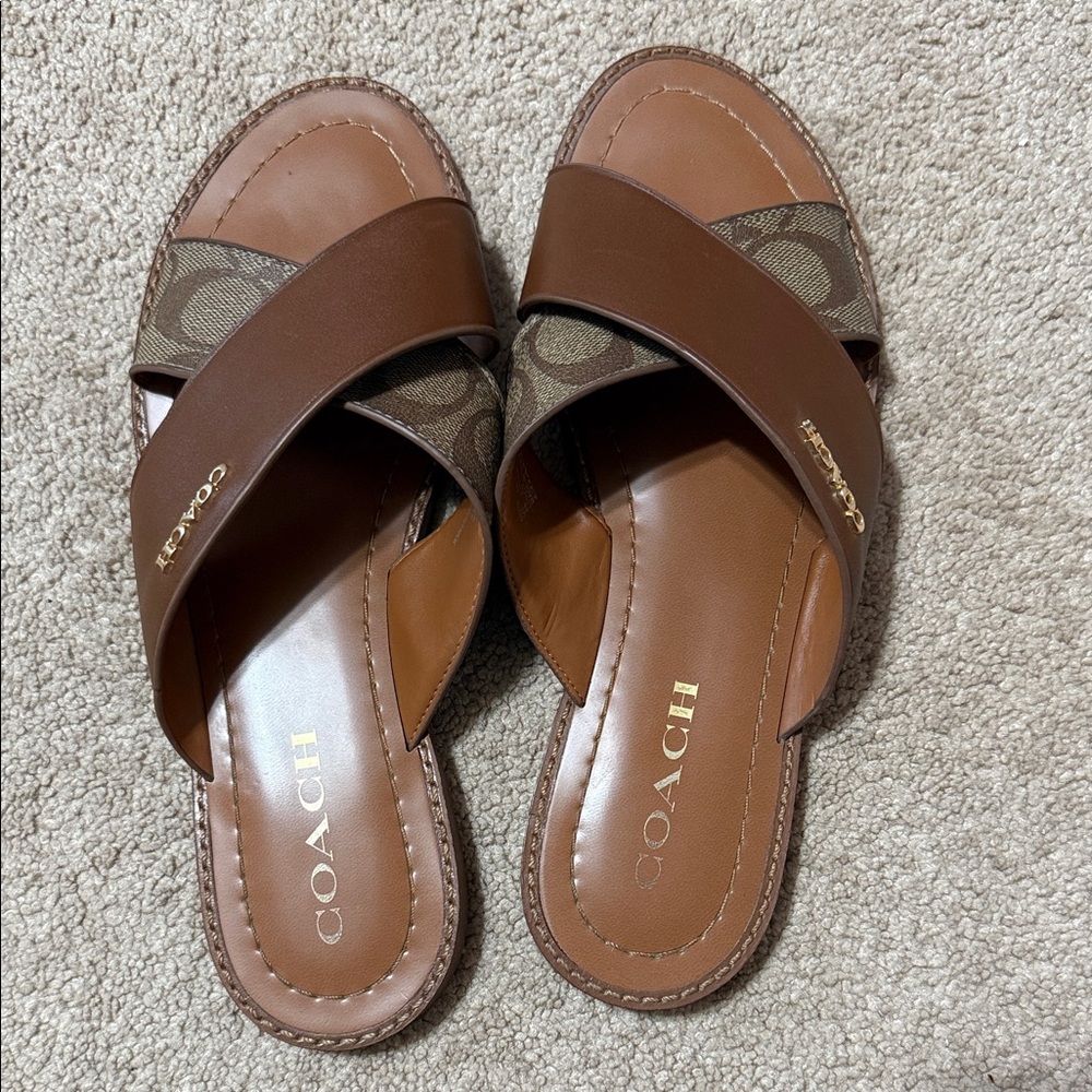 GENTLY WORN Coach Brown Criss Cross Slide Sandals